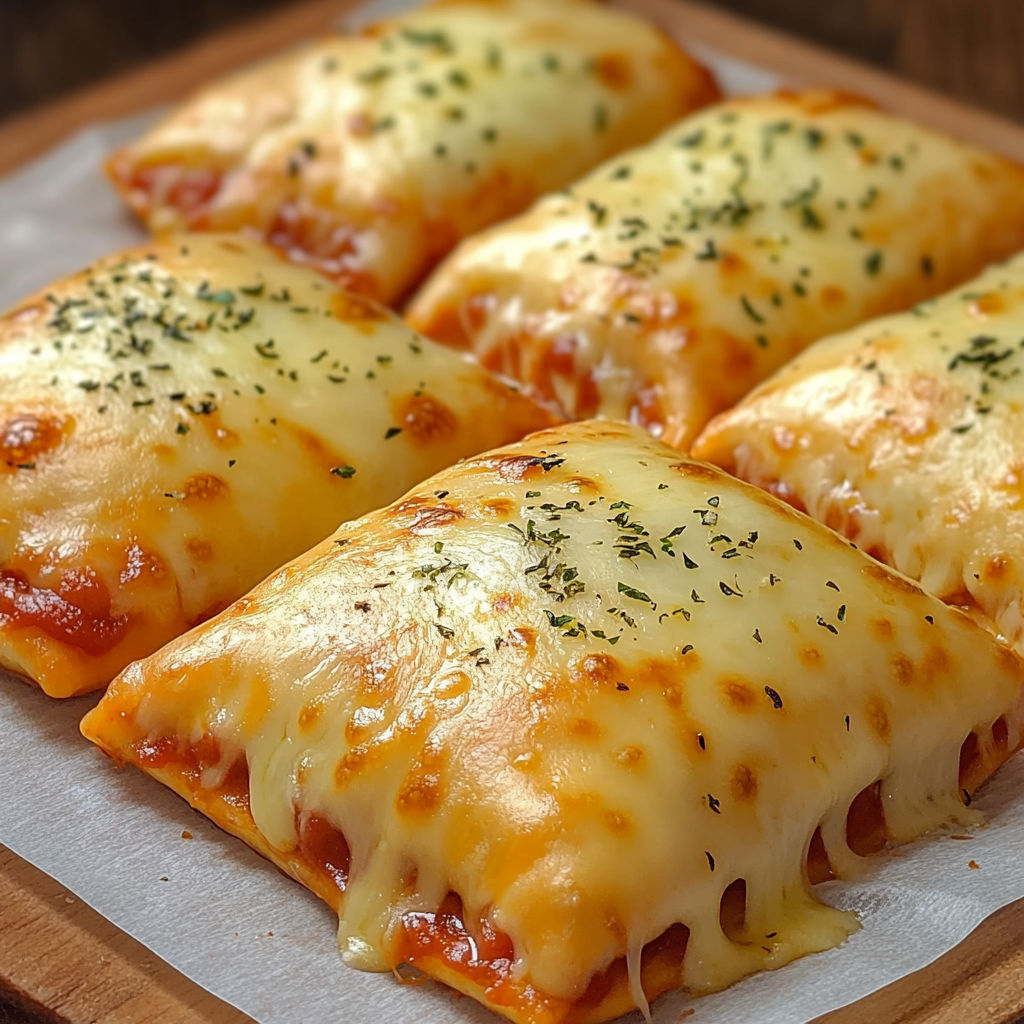 A plate of cheesy pizza pockets.