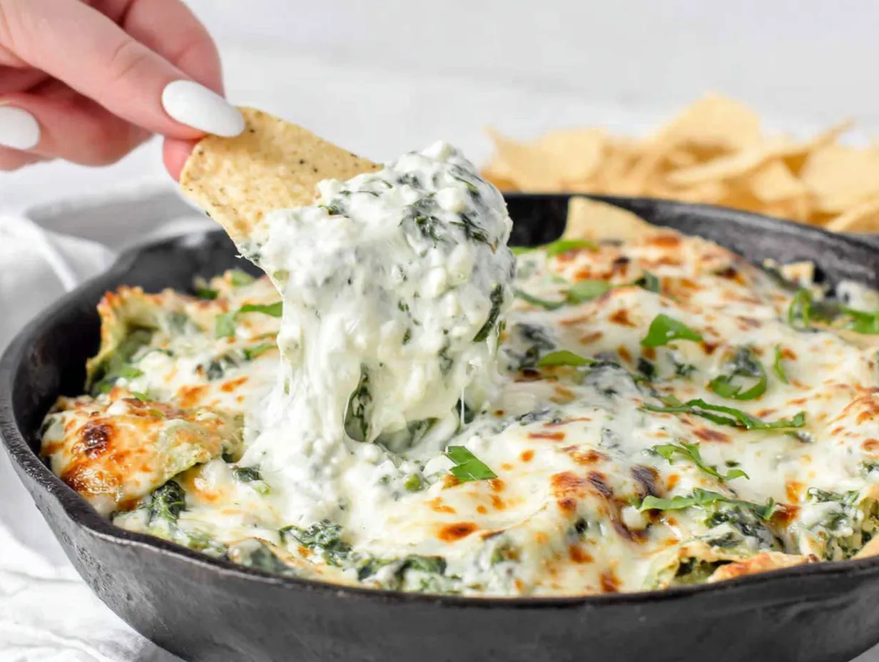 A person is taking a bite of a creamy chips dish.