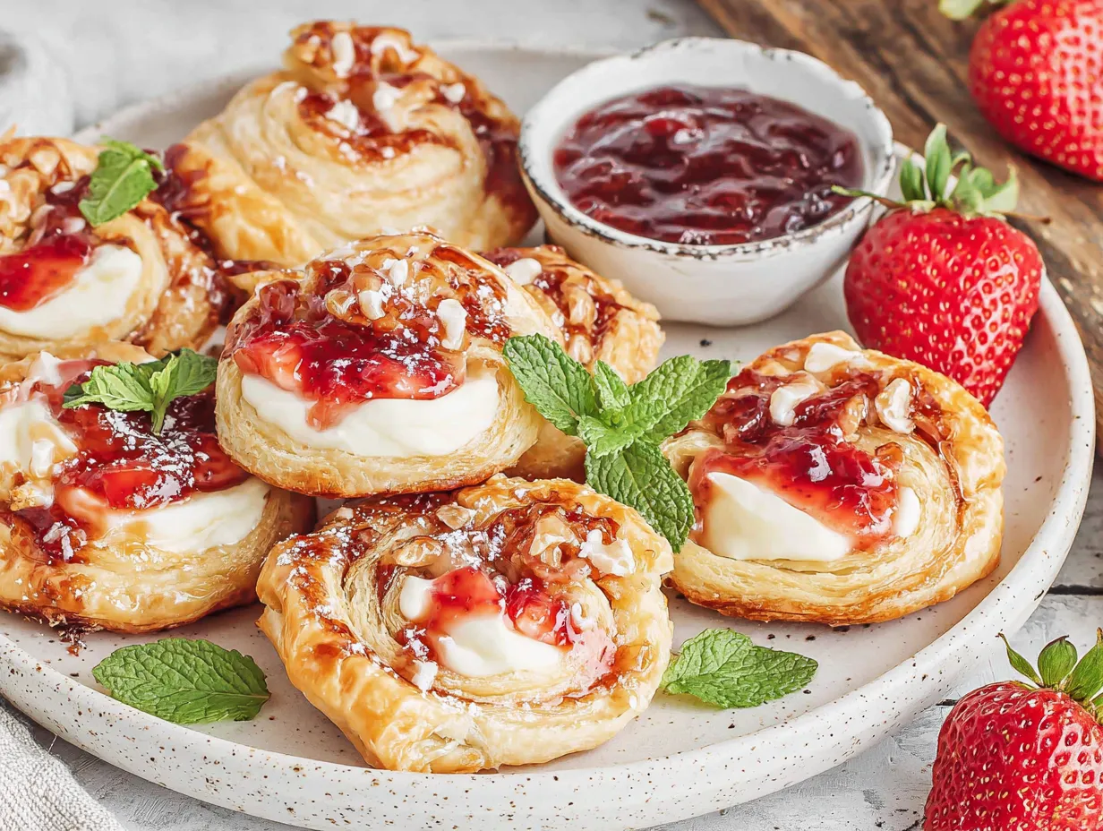 A plate of strawberry danishes.