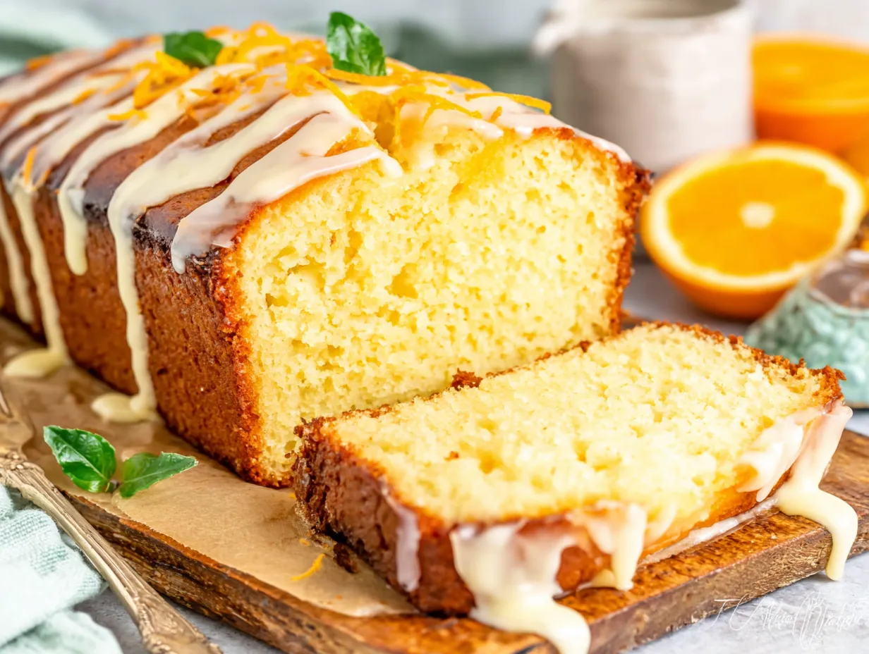 A slice of orange pound cake with icing.