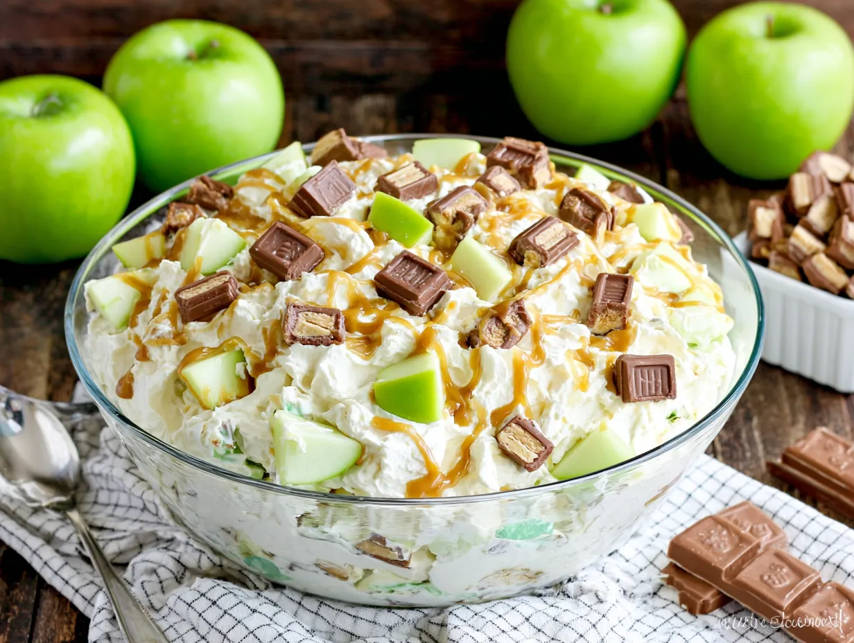 A large bowl of Snickers salad.