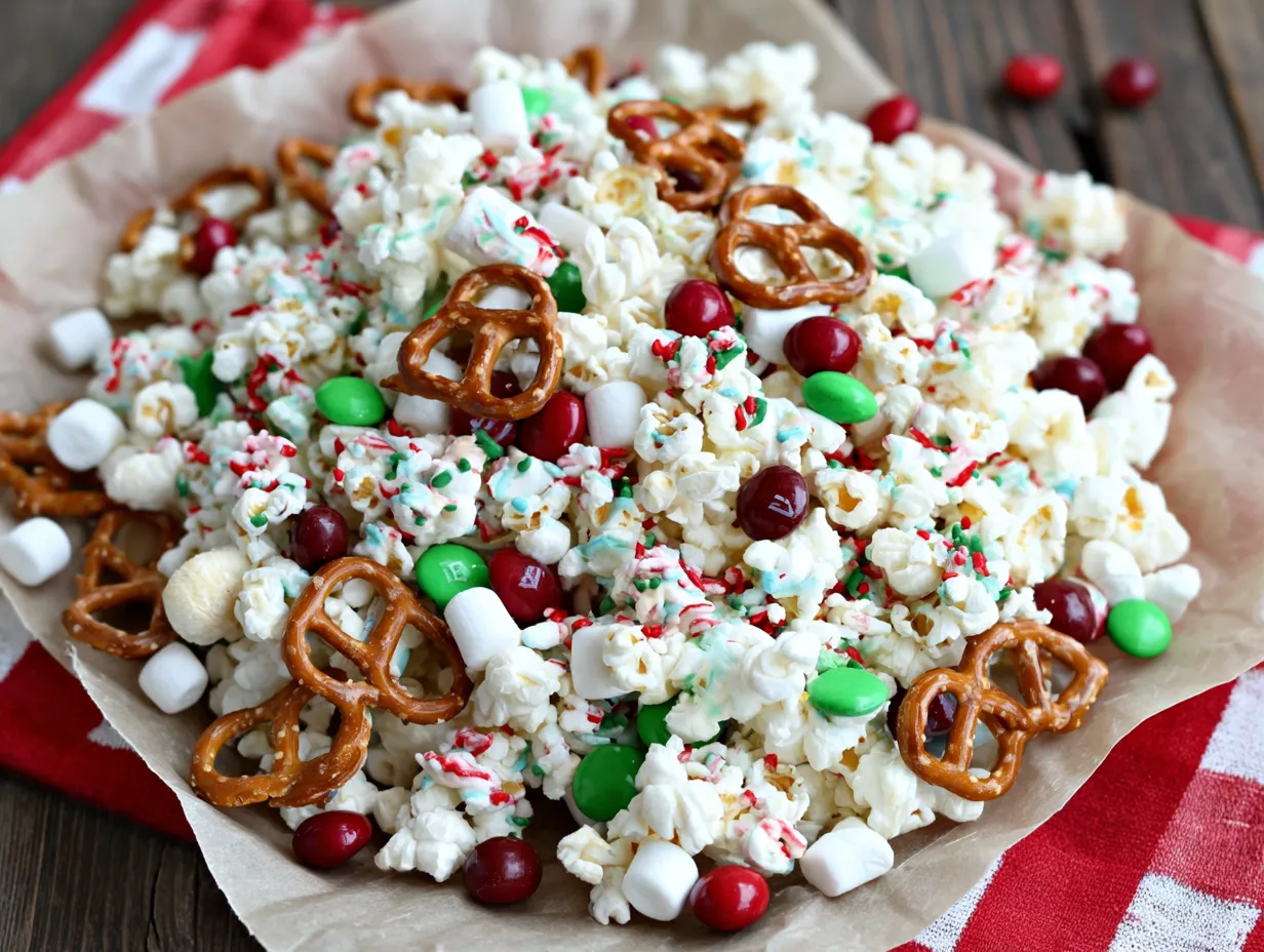 A bowl of popcorn with candy and marshmallows on top.