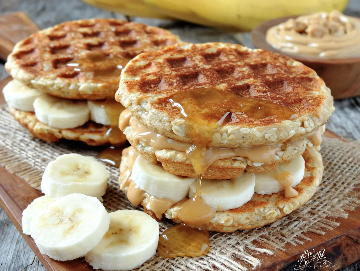 A stack of grilled peanut butter honey banana waffle sandwiches.