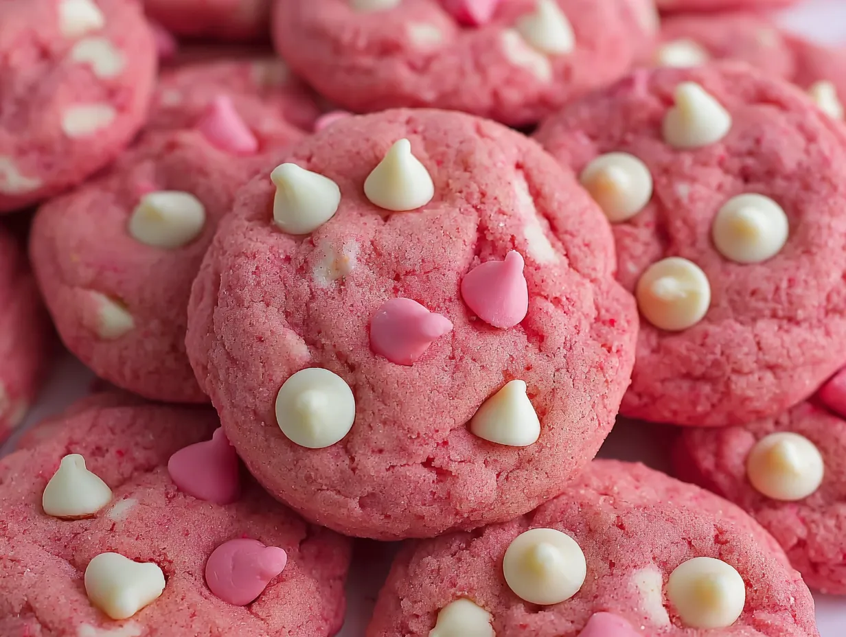 A pink cake with white frosting and hearts on top.