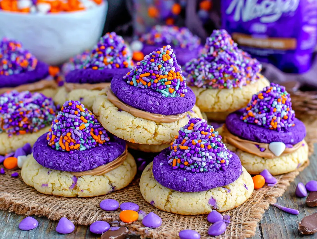 Halloween cookies with purple icing and sprinkles.