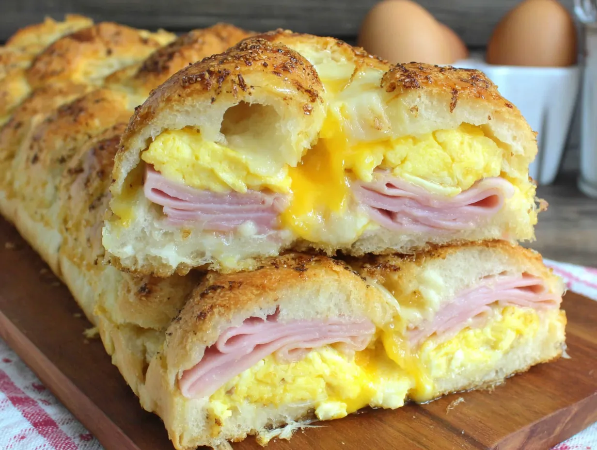 A photo of a fluffy, soft, french bread loaf, braided with egg, ham, and cheese inside, cut in half to show the inside.