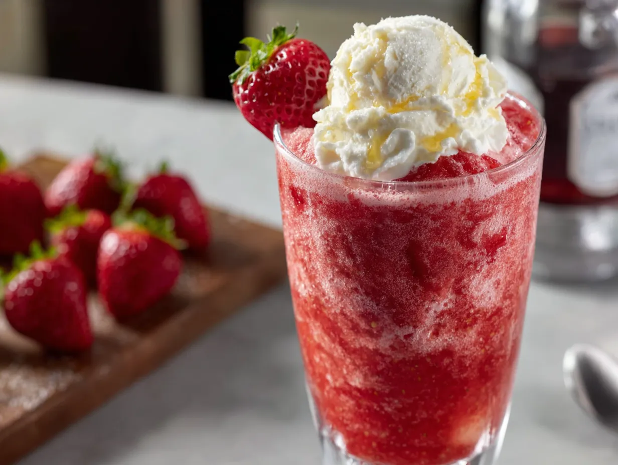 A glass of strawberry milk with a strawberry on top.
