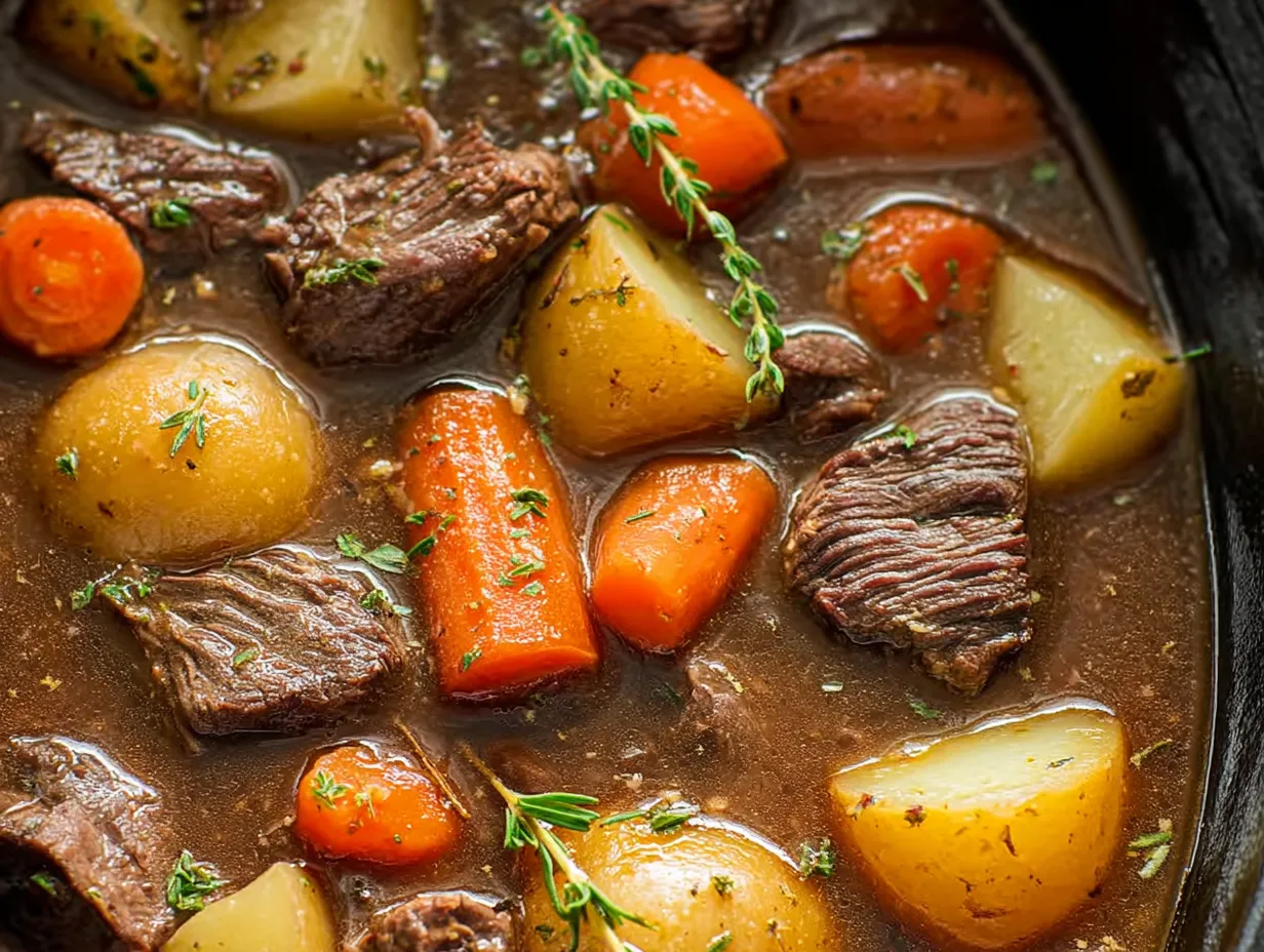 A slow cooker recipe with beef, carrots, potatoes, and herbs.