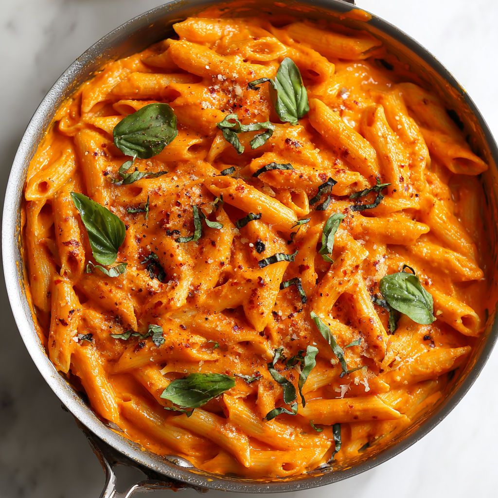 A pan of roasted red pepper pasta.