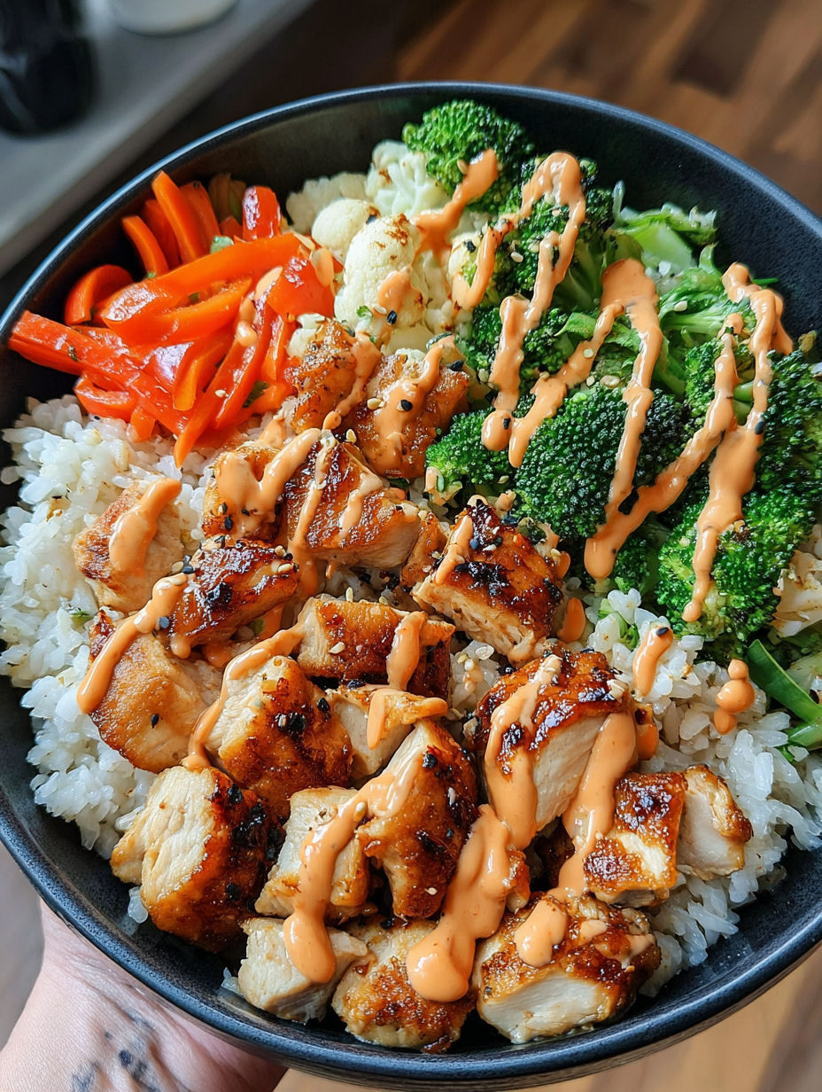 A bowl of food with chicken, broccoli, and carrots.