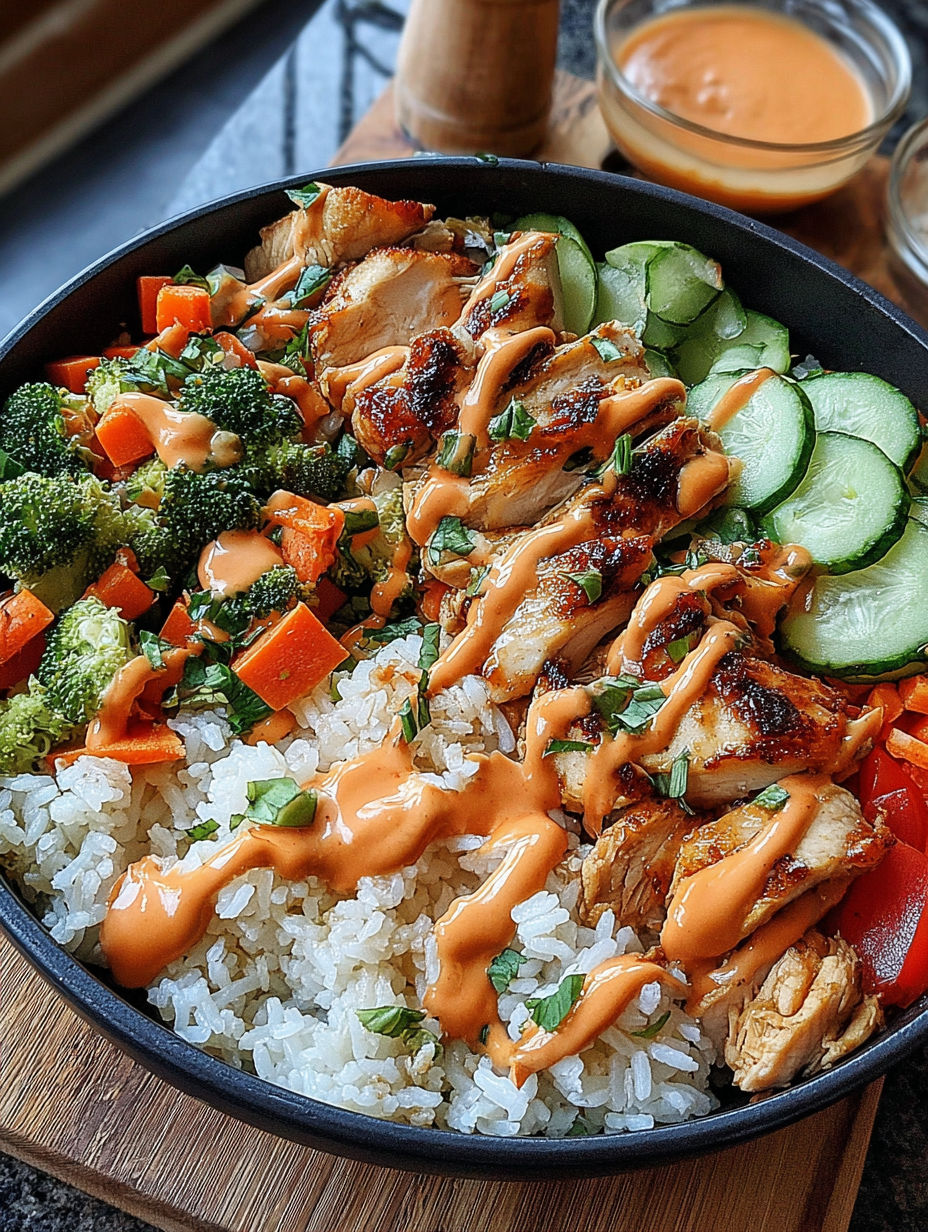 A bowl of chicken and vegetables with a sauce.