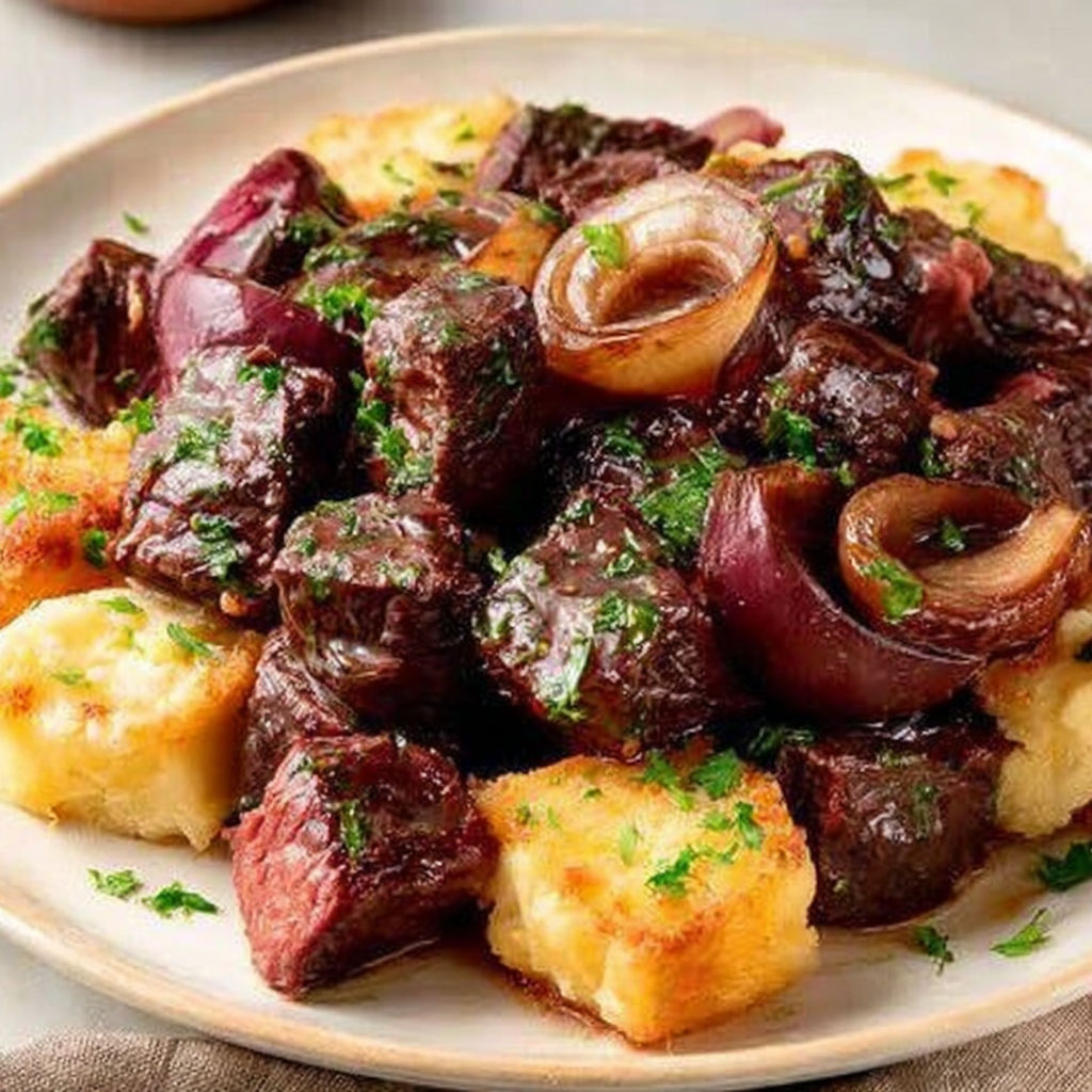 A plate of beef stew with onions and garlic.