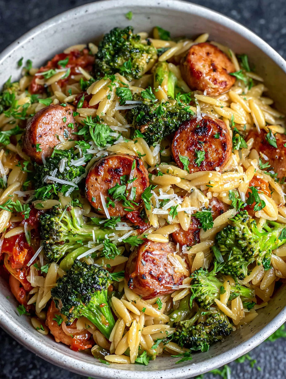 A bowl of pasta with sausage and broccoli.