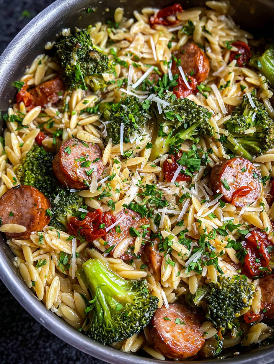 A bowl of pasta with sausage and broccoli.