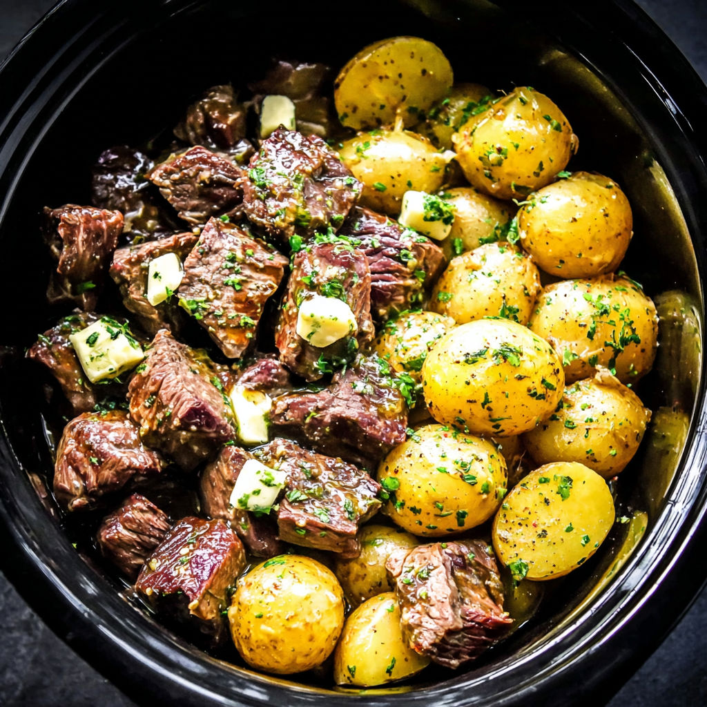 A bowl of beef and potatoes.