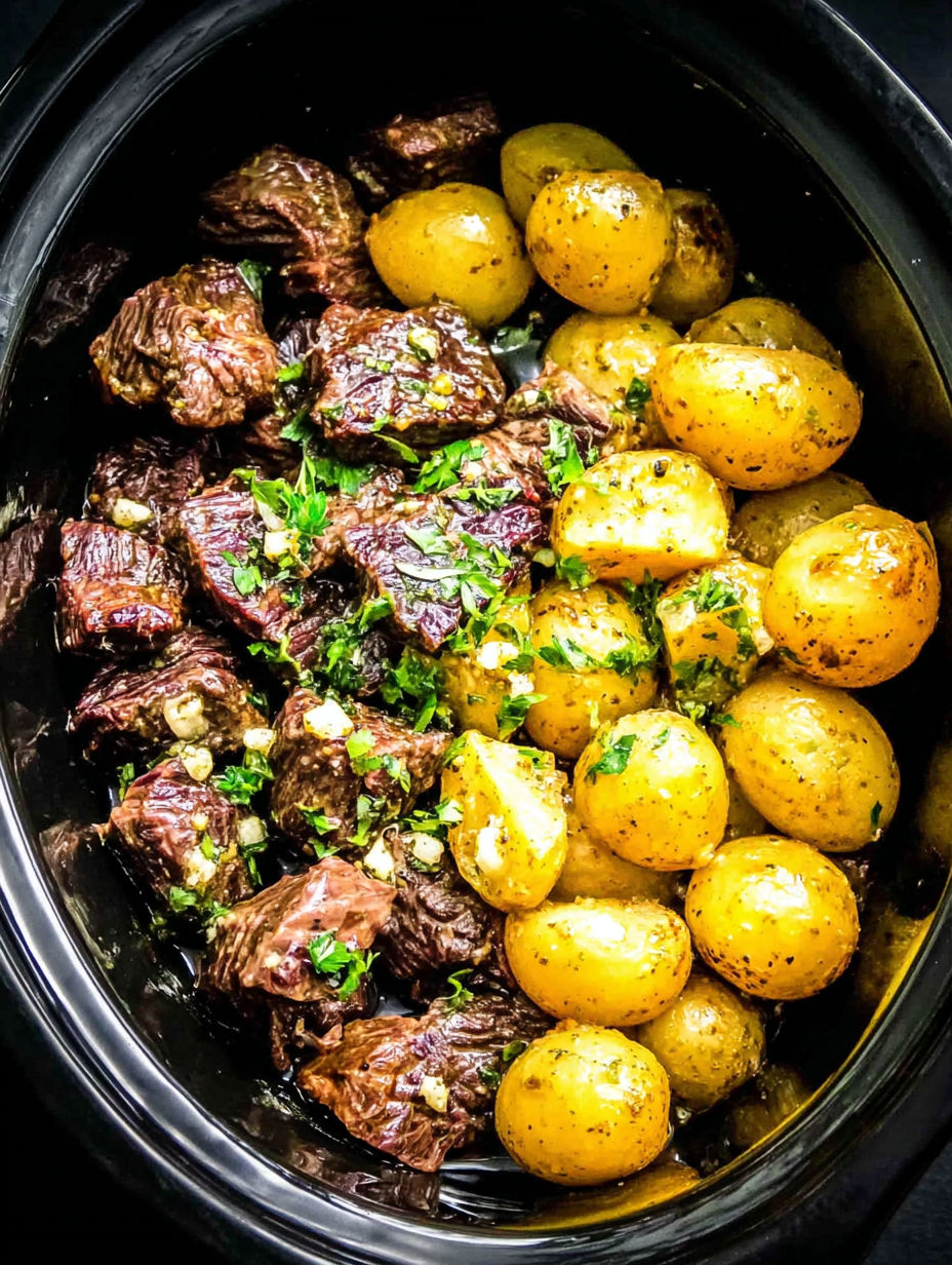 A bowl of food containing meat and potatoes.