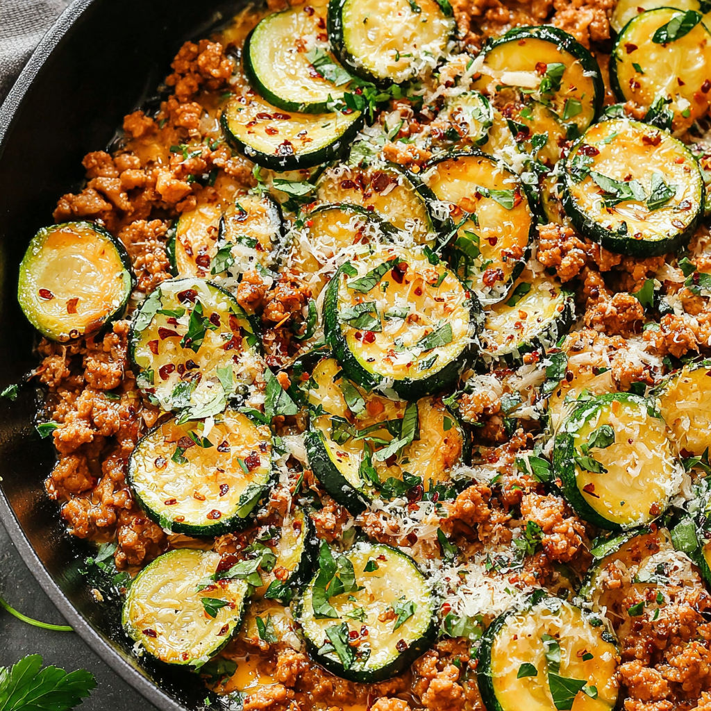 A skillet filled with ground turkey and zucchini.