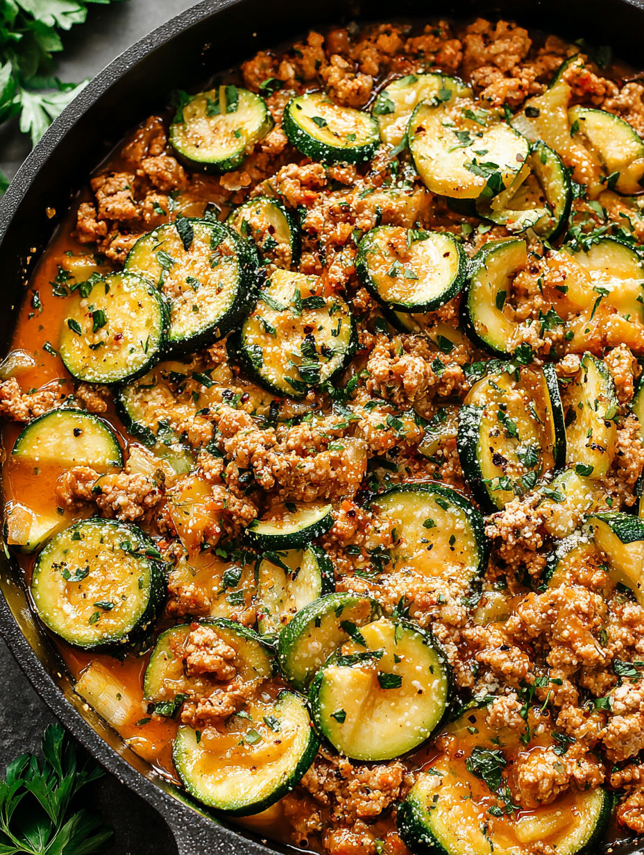 A dish of food with zucchini and meat.