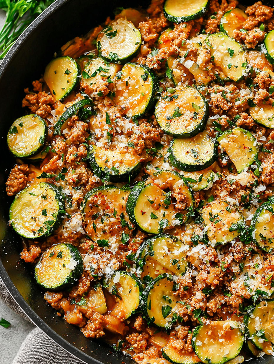 A dish of pasta with zucchini and meat.
