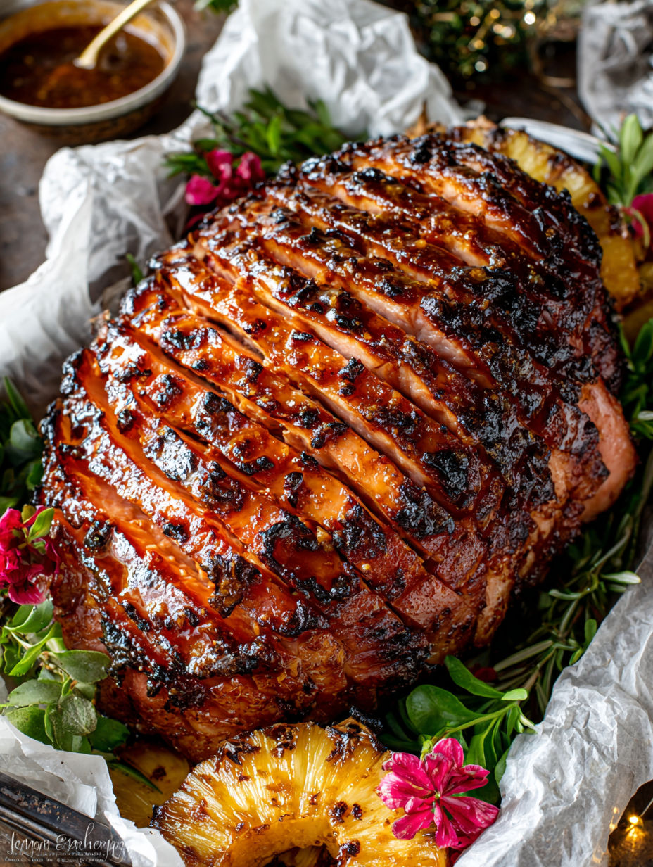 A glazed ham with pineapple and balsamic honey.