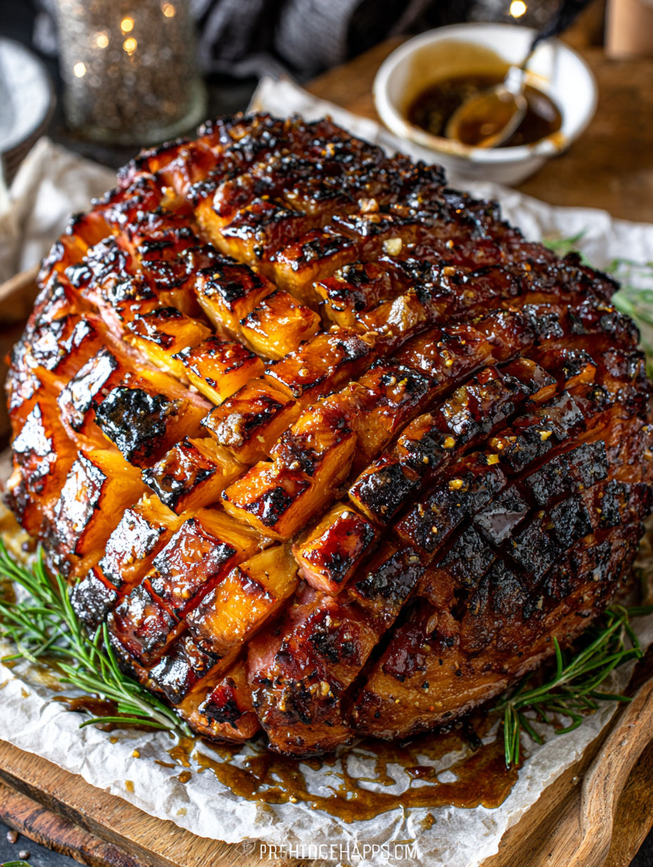 A large piece of ham with a glaze of balsamic honey.