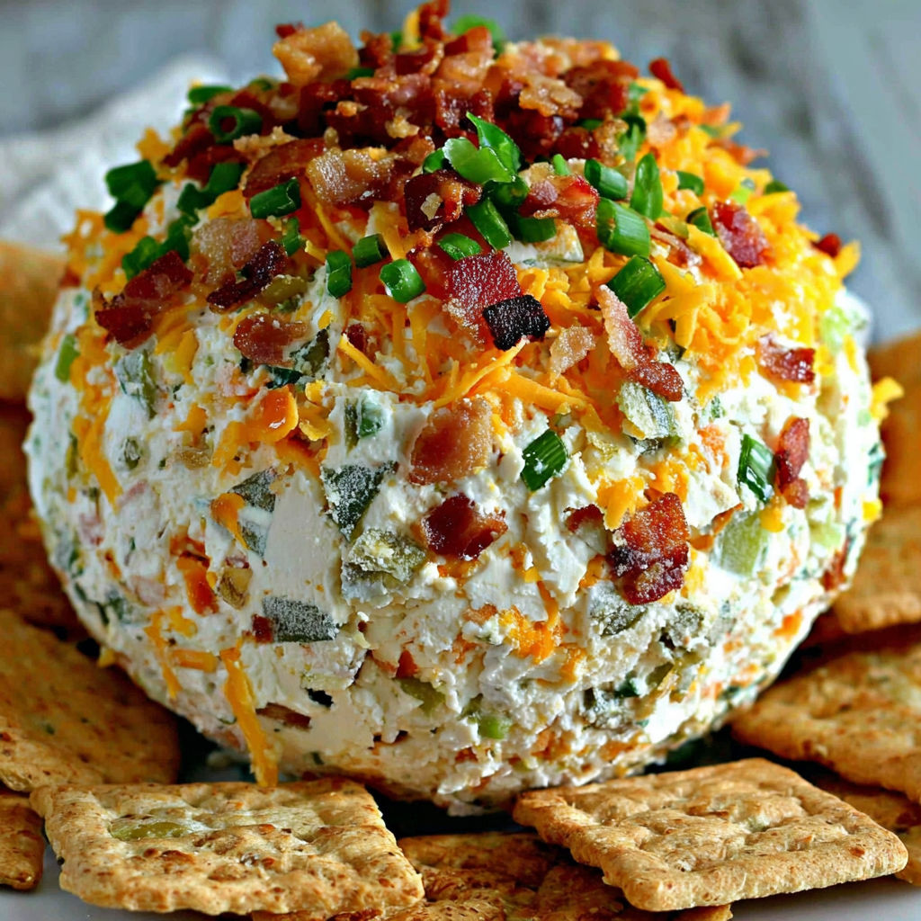 A cheese ball with bacon and jalapenos on top.