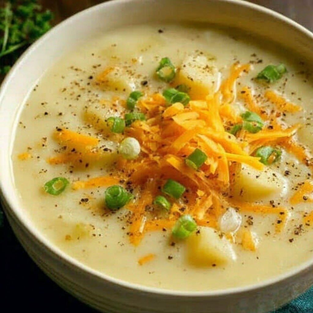 A bowl of soup with cheese and potatoes.