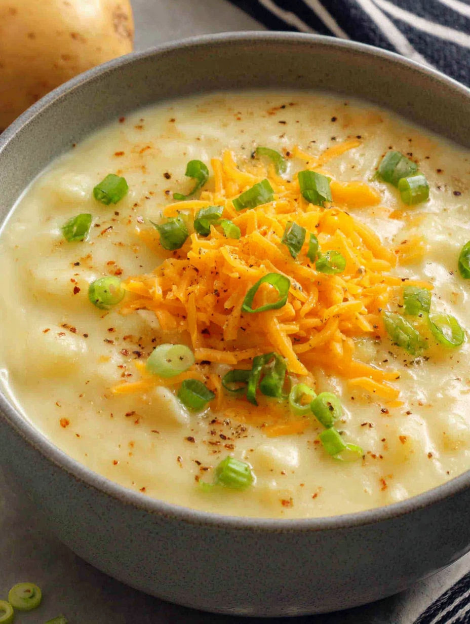 A bowl of soup with cheese and green onions.