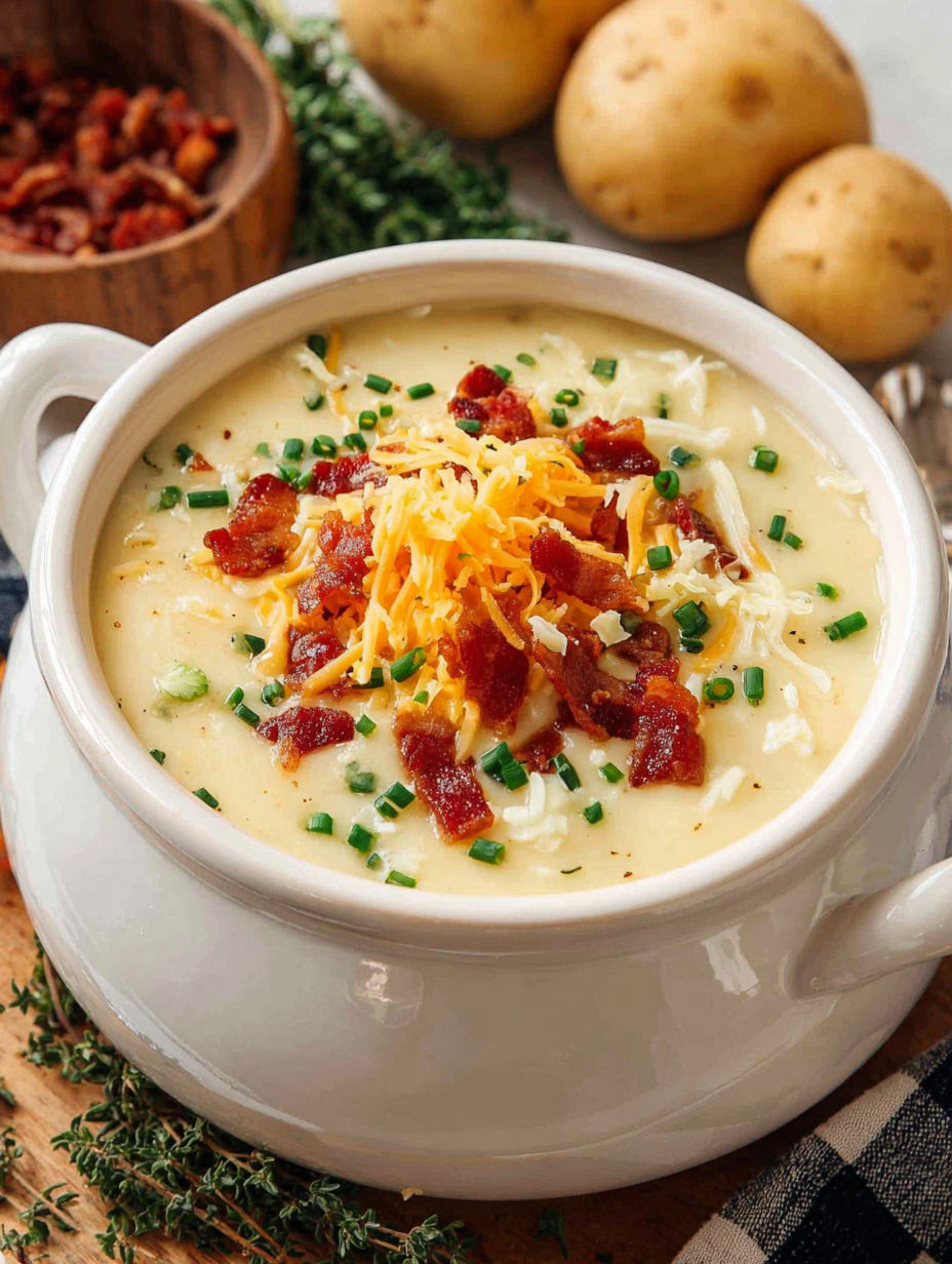 A bowl of soup with cheese and bacon on top.