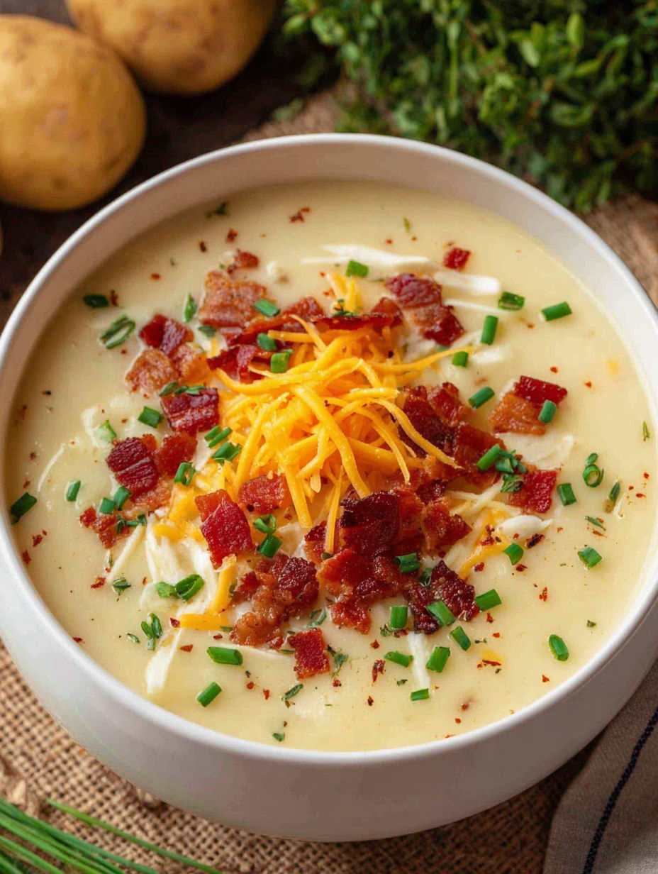 A bowl of soup with bacon and cheese.