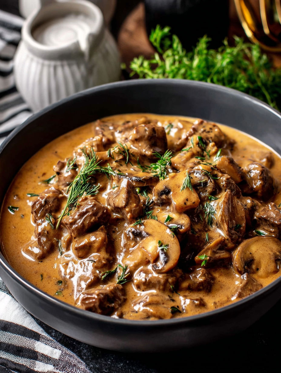 A bowl of food with mushrooms and meat.
