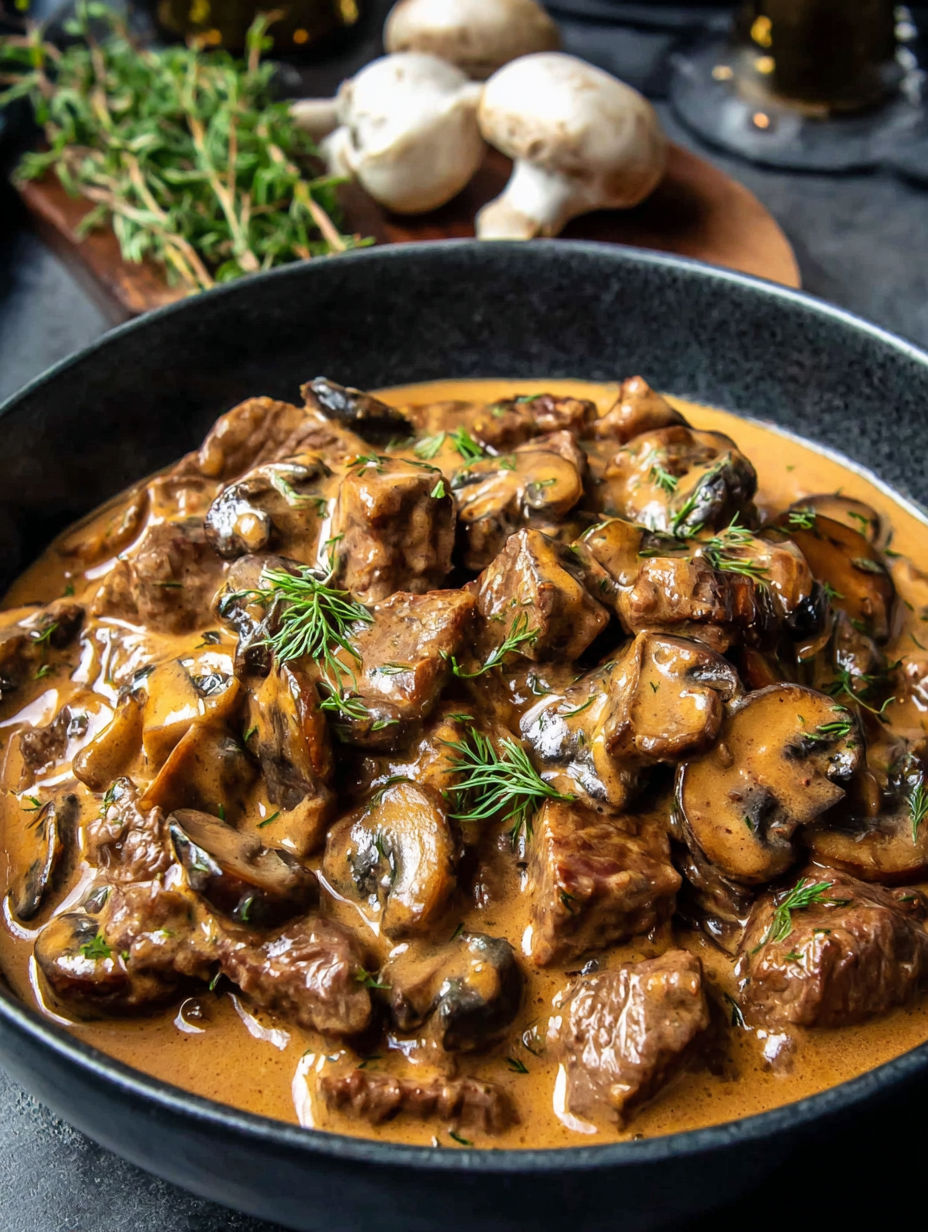 A bowl of meat and mushrooms.