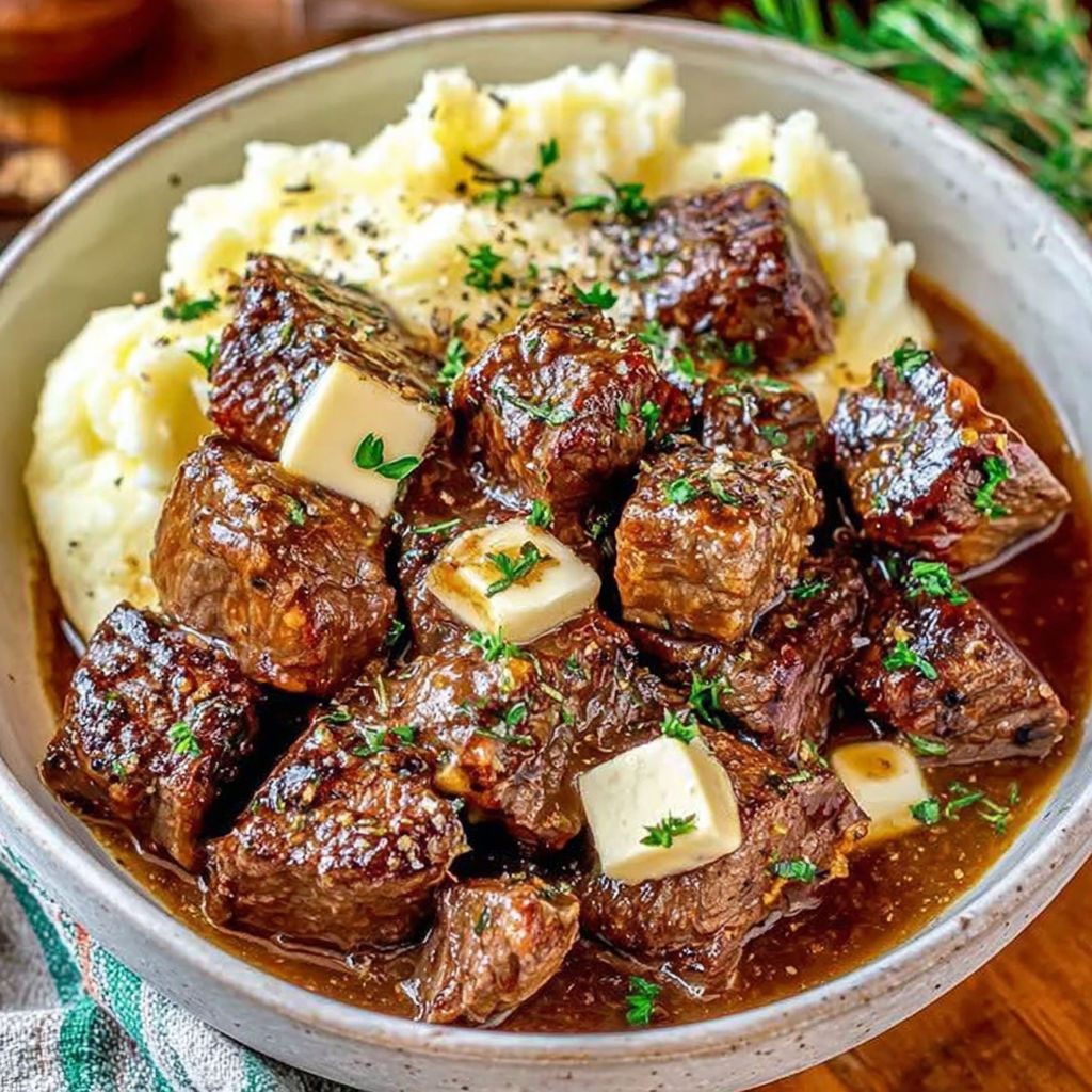 A bowl of slow cooker garlic butter beef bites.
