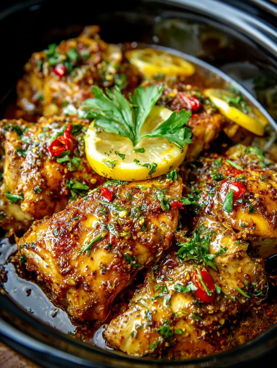 A close up of a slow cooker garlic butter chicken.