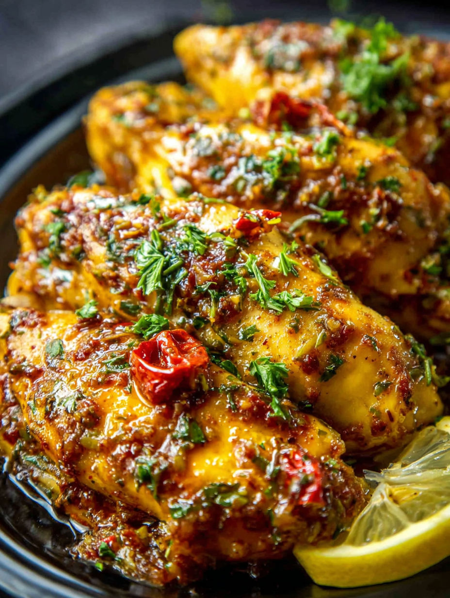 A close up of chicken with garlic butter and herbs.