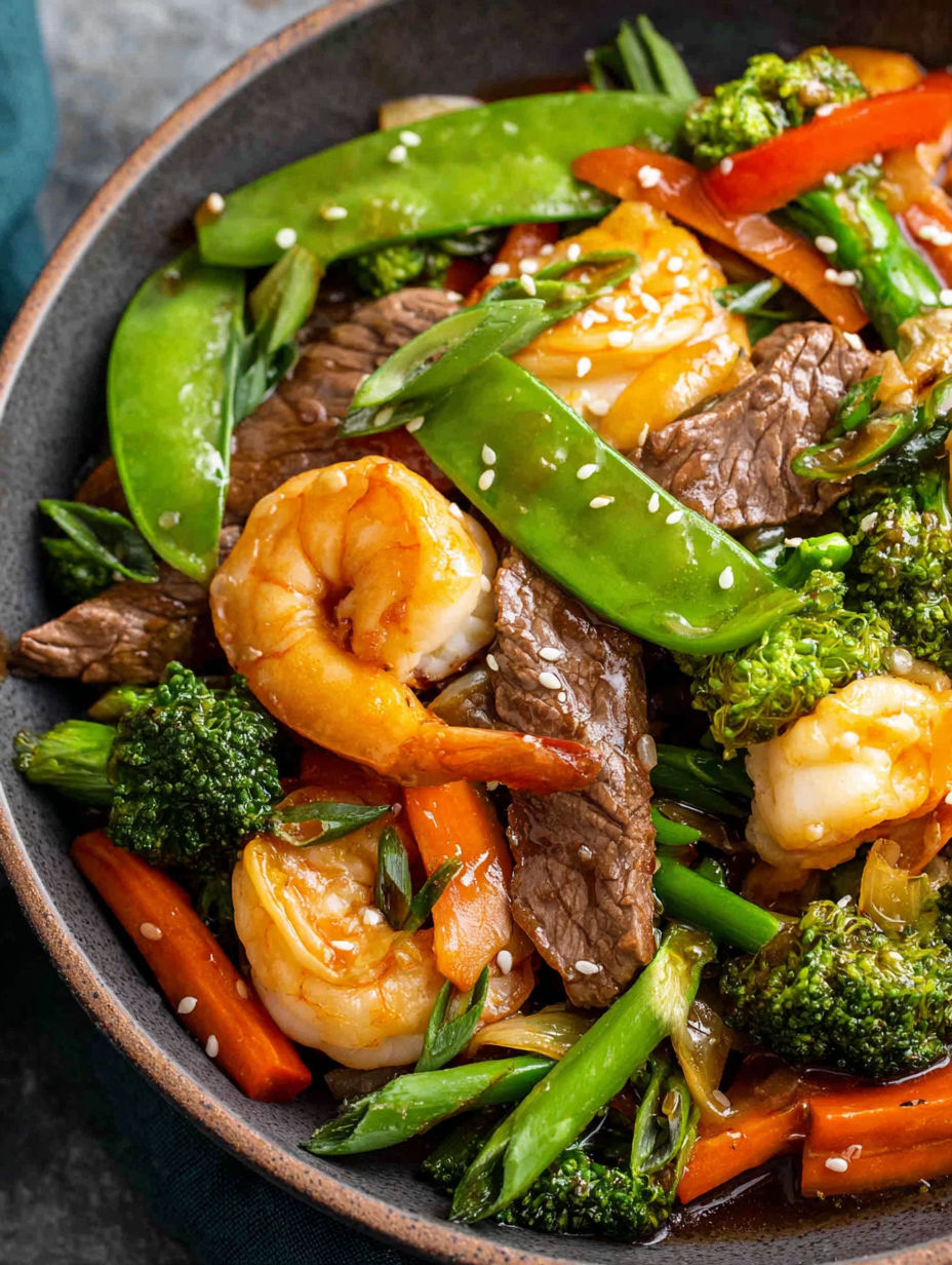 A bowl of food with shrimp, broccoli, carrots, and peas.