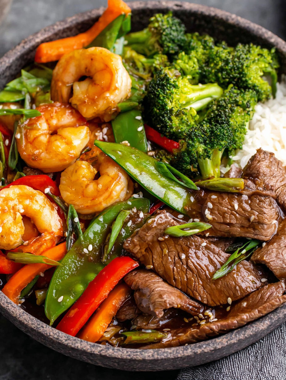 A bowl of food with shrimp, broccoli, peppers and carrots.
