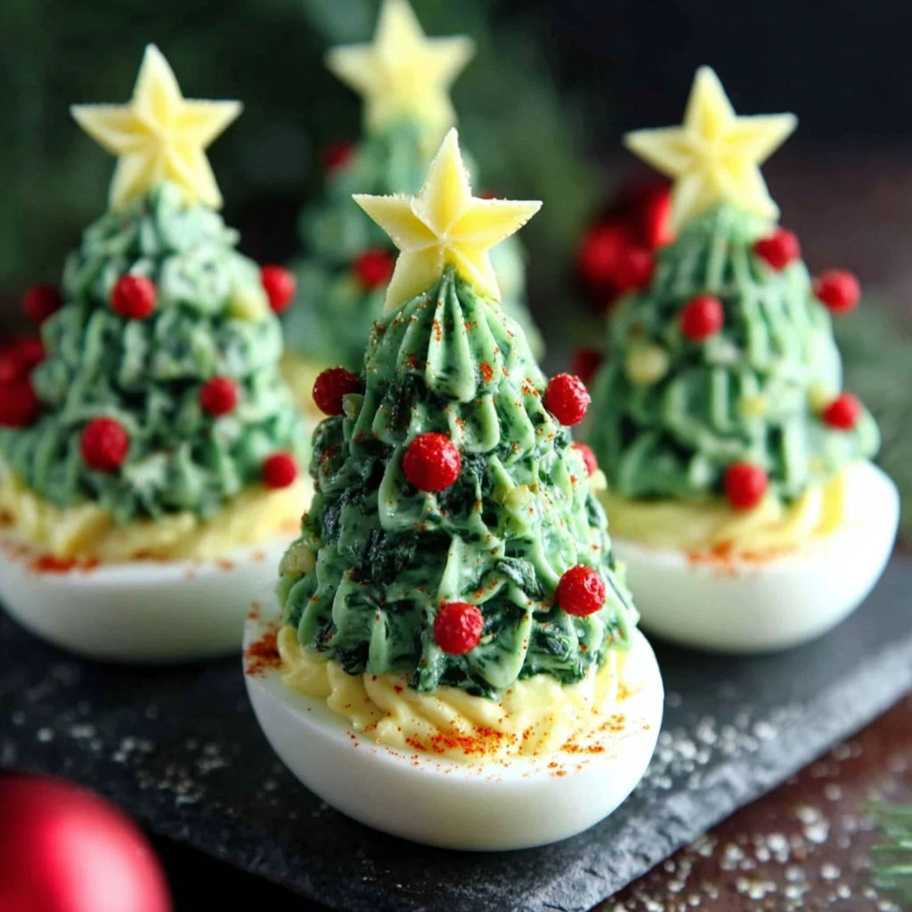 Three deviled egg Christmas trees on a plate.