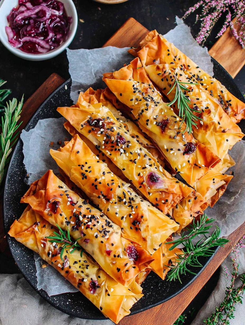 A plate of cranberry and brie filo crackers.