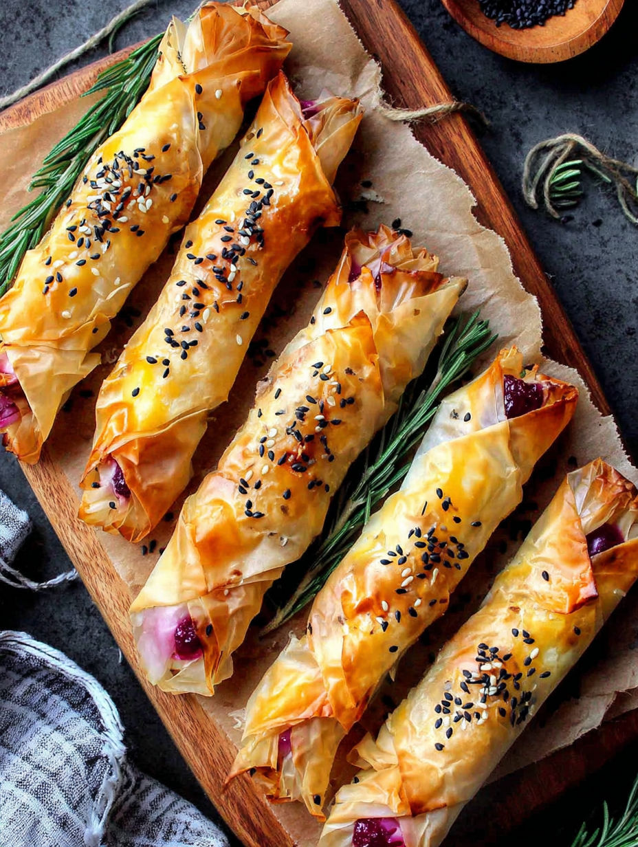 A wooden cutting board with a variety of cranberry and brie filled filo crackers.