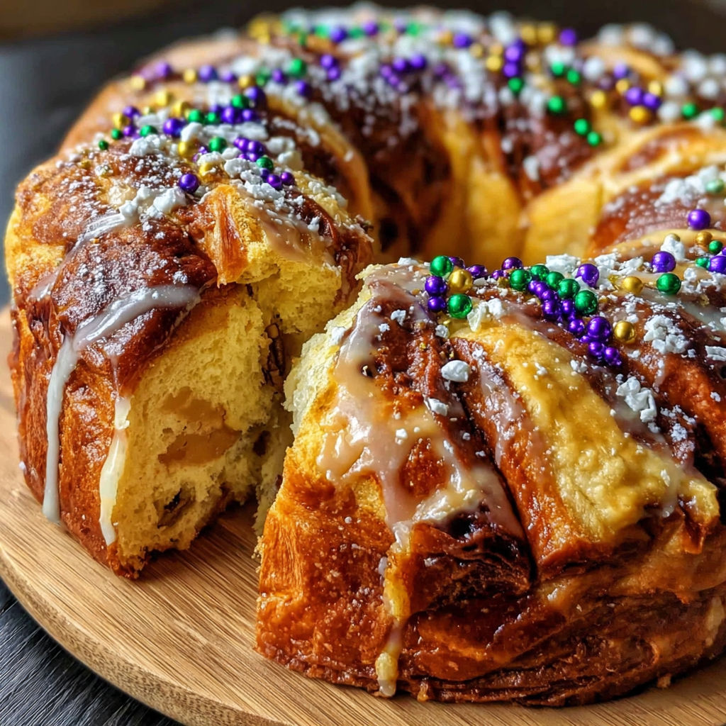 A slice of traditional Mardi Gras King Cake.
