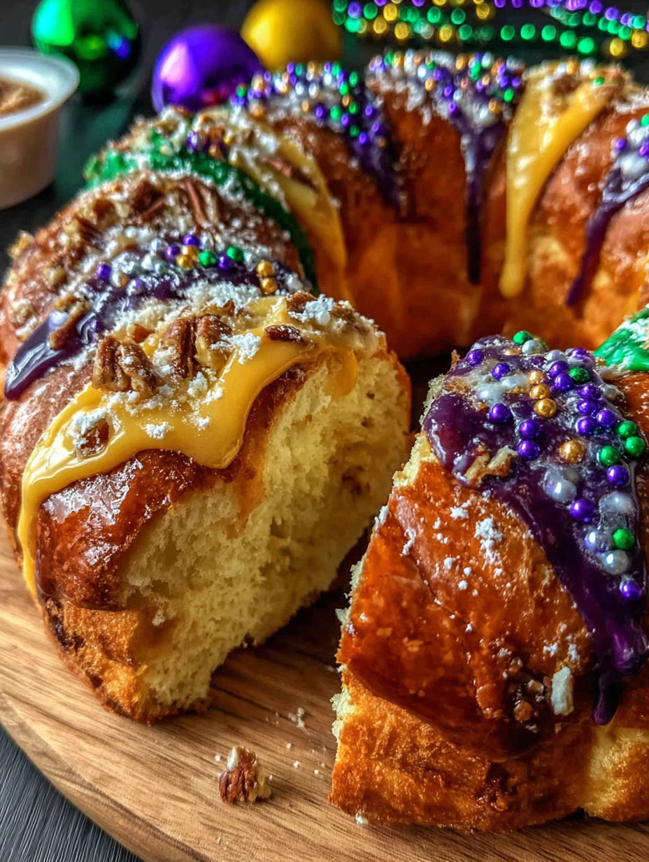 A slice of a traditional Mardi Gras King Cake.
