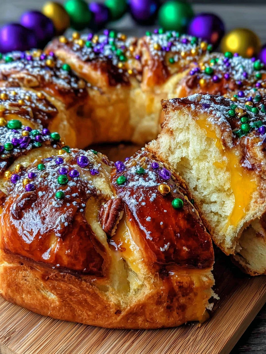 A traditional Mardi Gras King Cake is a festive delight.