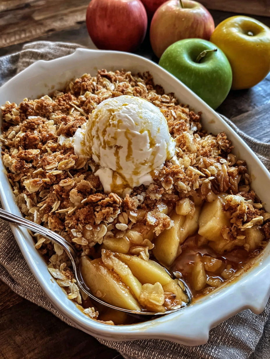 A bowl of winter spiced apple crisp.