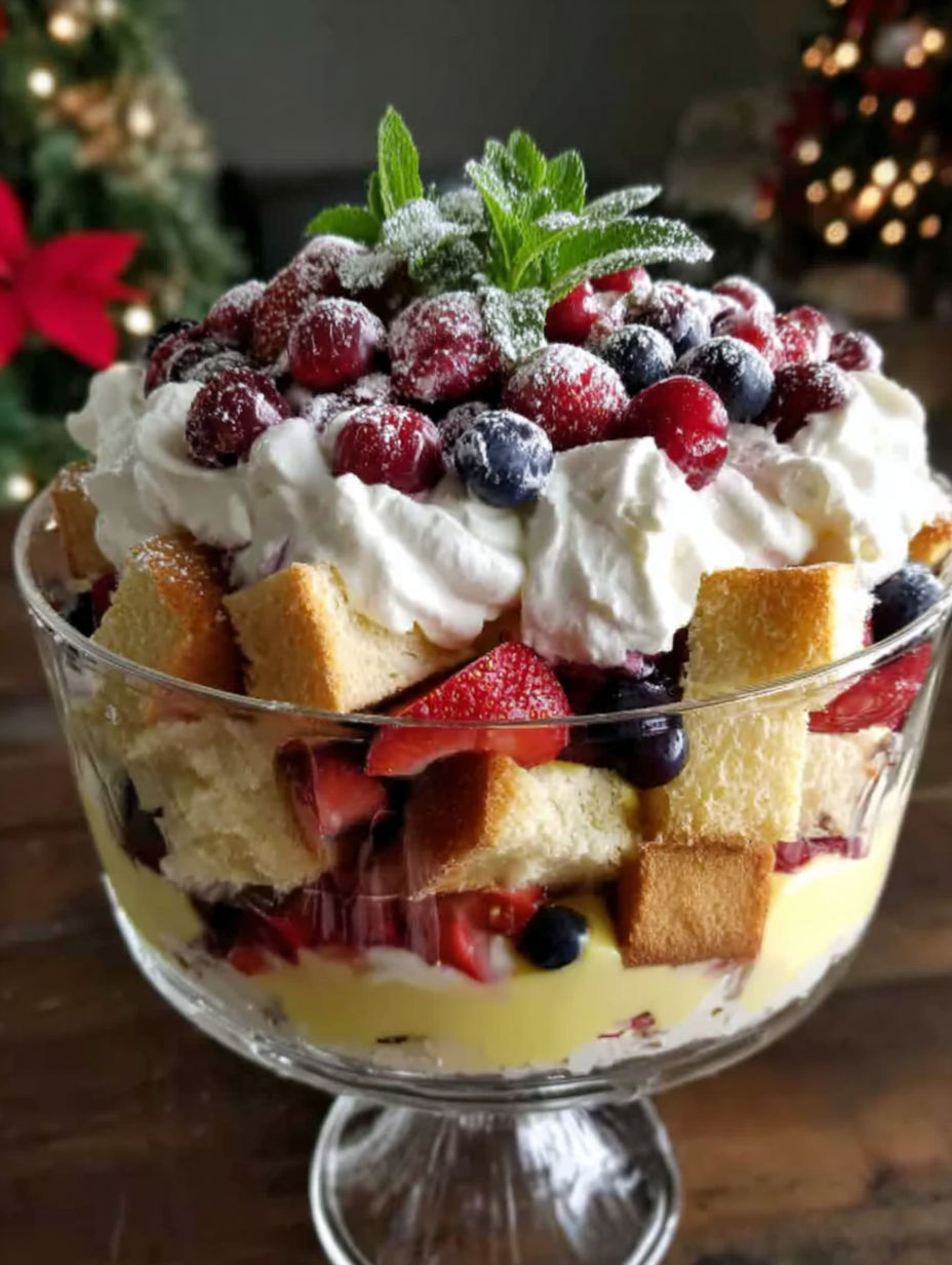 A Christmas Trifle is displayed in a glass bowl.