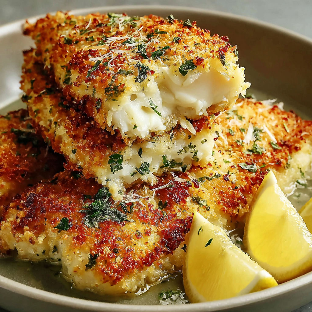 A plate of crispy Parmesan crusted tilapia.