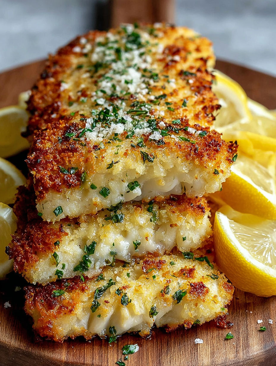 A plate of crispy Parmesan crusted tilapia.