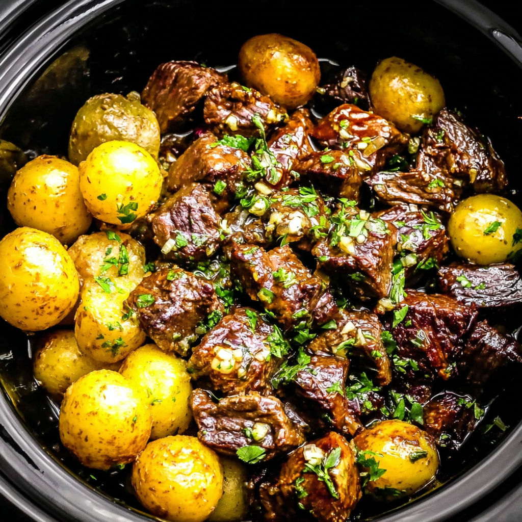 A crockpot filled with beef, potatoes, and garlic butter.
