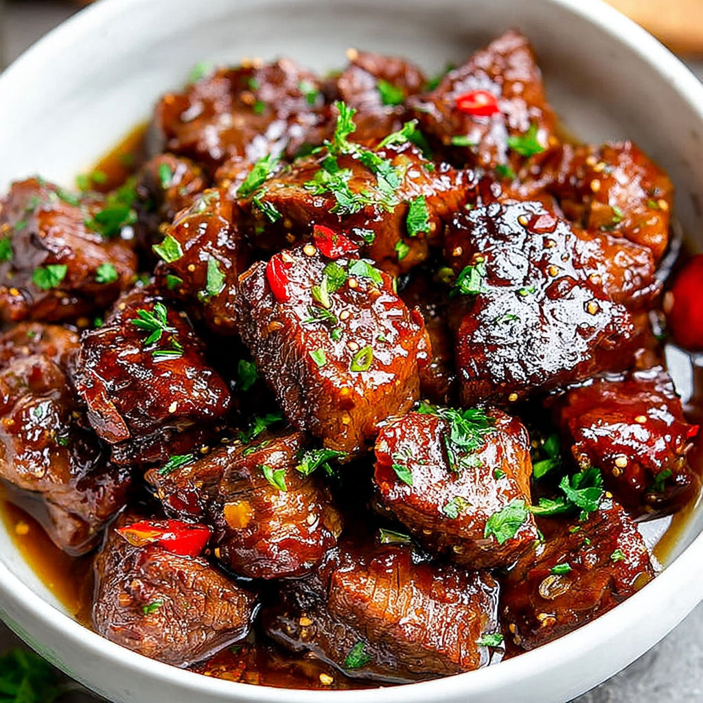 A bowl of beef stew with green herbs.