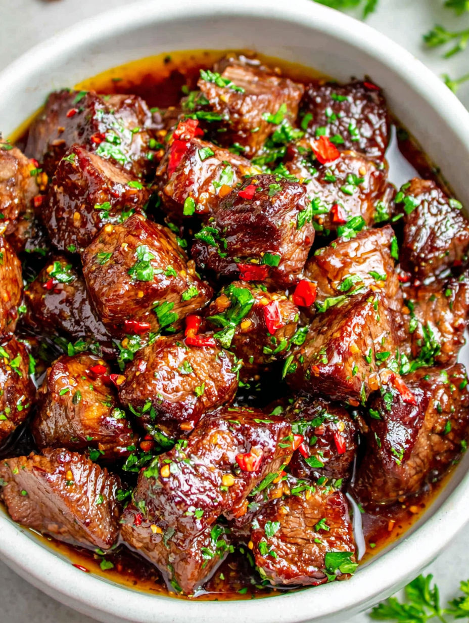 A bowl of beef steak bites in a garlic butter sauce.